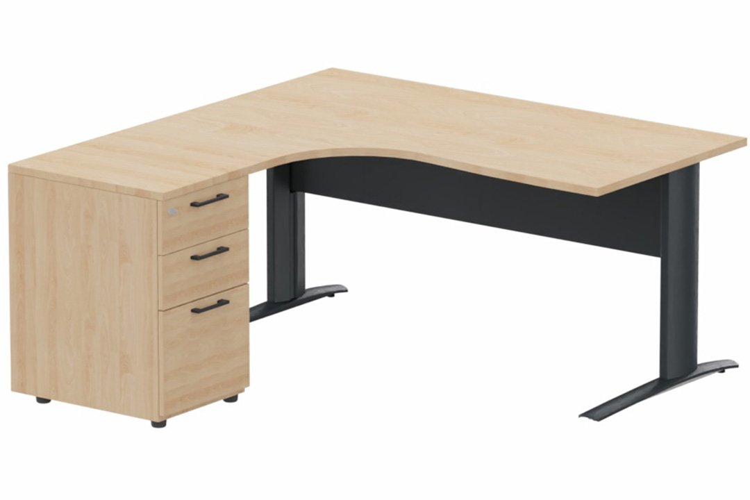 K1 VDF METAL Compact 90° asymétrique 180x162x80/60cm retour à gauche avec caisson HB bois 3 tiroirs hêtre/anthracite