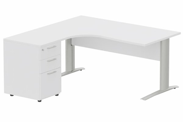 Gamme K1 - Plans compacts - K1 VDF BOIS Compact 90° asymétrique 180x162x80/60cm retour à gauche avec caisson HB bois 3 tiroirs blanc/aluminium - sur dél