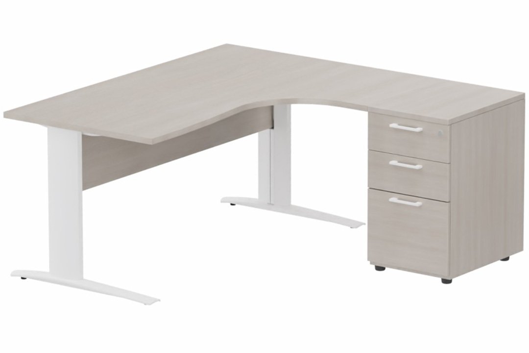K1 VDF BOIS Compact 90° asymétrique 180x162x80/60cm retour à droite avec caisson HB bois 3 tiroirs, plateau acacia, structure