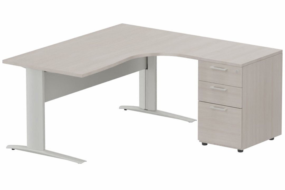 K1 VDF METAL Compact 90° asymétrique 160x162x80/60cm retour à droite avec caisson HB bois 3 tiroirs, plateau acacia, structur