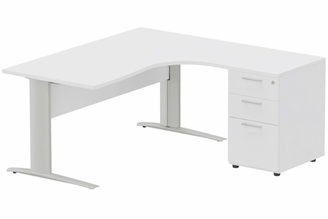 K1 VDF BOIS Compact 90° asymétrique 160x162x80/60cm retour à droite avec caisson HB bois 3 tiroirs blanc/aluminium - sur dél