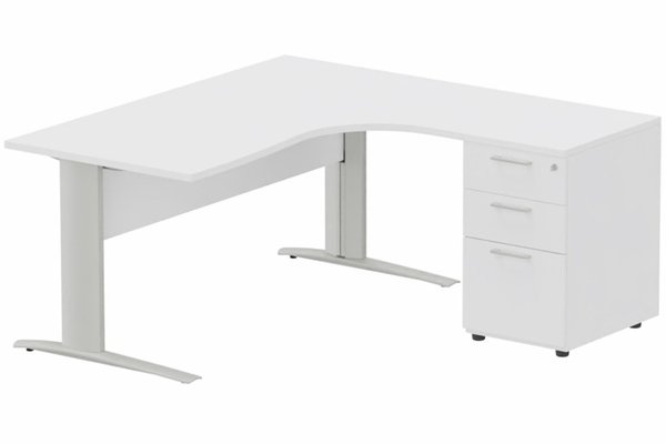 Gamme K1 - Plans compacts - K1 VDF BOIS Compact 90° asymétrique 180x162x80/60cm retour à droite avec caisson HB bois 3 tiroirs blanc/aluminium - sur dél