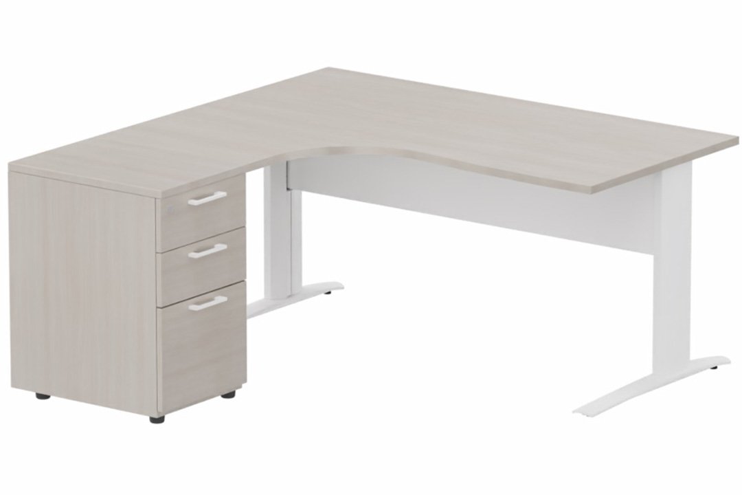 K1 VDF METAL Compact 90° asymétrique 160x162x80/60cm retour à gauche avec caisson HB bois 3 tiroirs, plateau acacia, structur