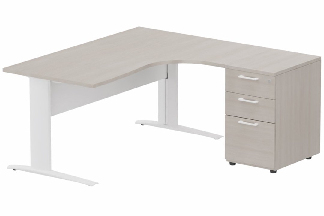 K1 VDF METAL Compact 90° asymétrique 180x162x80/60cm retour à droite avec caisson HB bois 3 tiroirs, plateau acacia, structur
