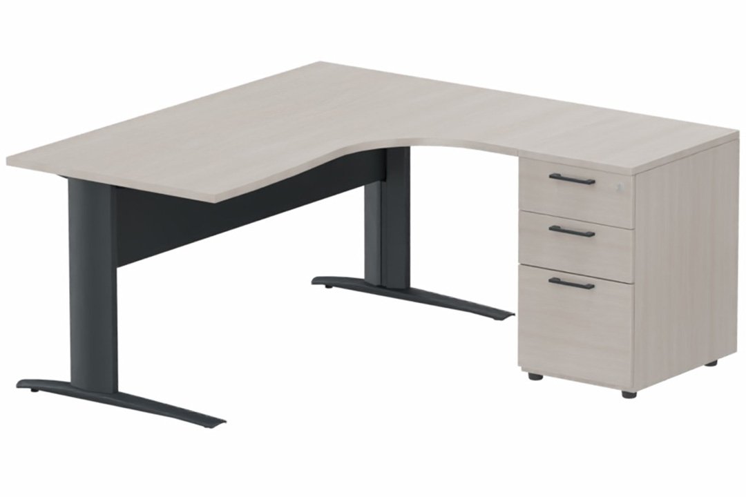 K1 VDF METAL Compact 90° asymétrique 180x162x80/60cm retour à droite avec caisson HB bois 3 tiroirs, plateau acacia, structur