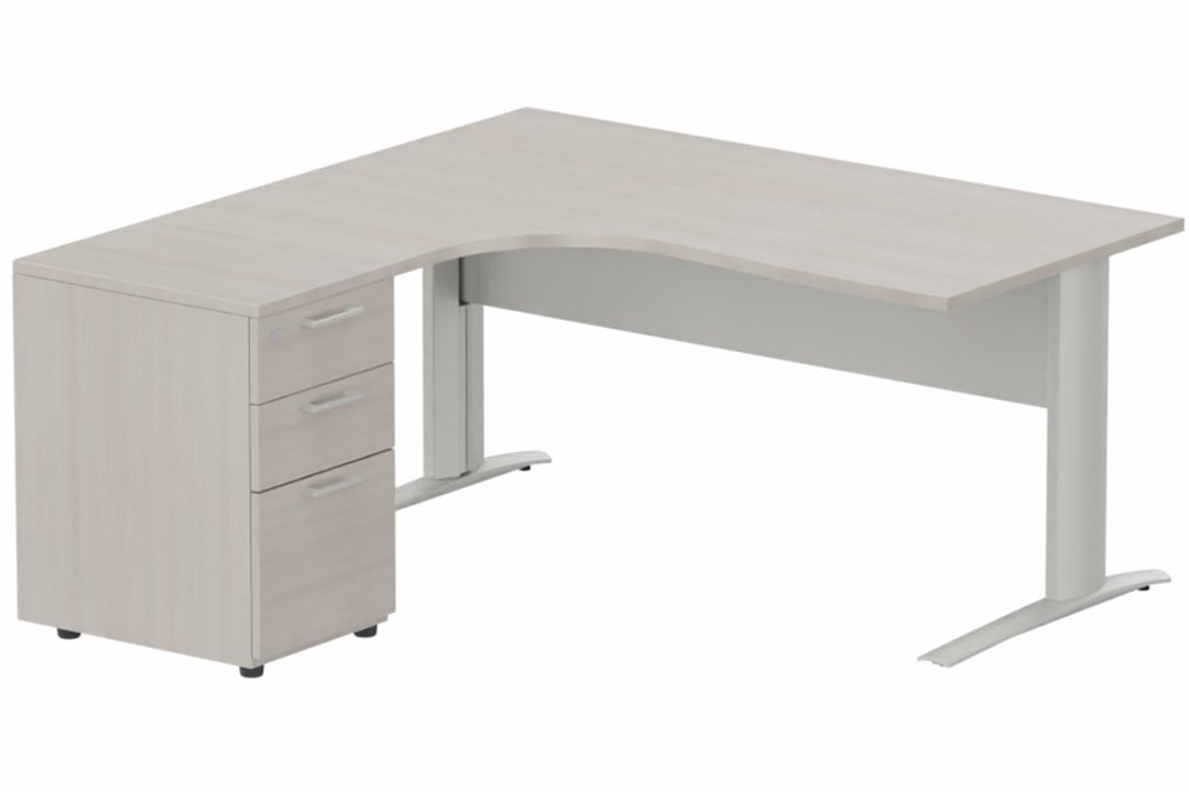 K1 VDF METAL Compact 90° asymétrique 160x162x80/60cm retour à gauche avec caisson HB bois 3 tiroirs, plateau acacia, structur