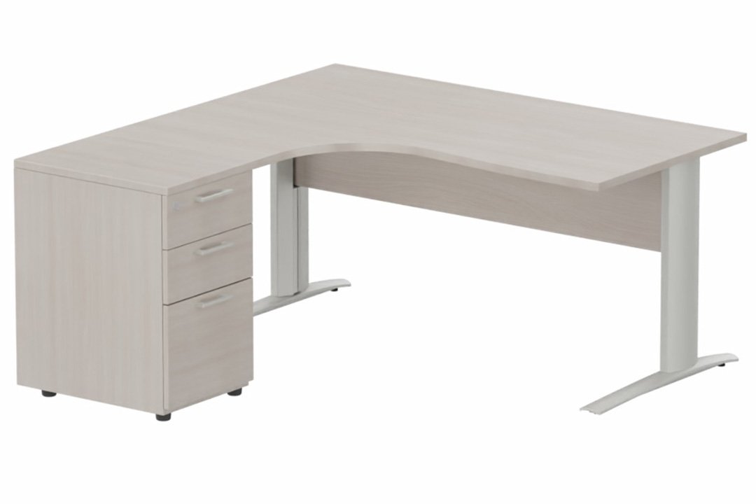 K1 VDF BOIS Compact 90° asymétrique 180x162x80/60cm retour à gauche avec caisson HB bois 3 tiroirs, plateau acacia, structure