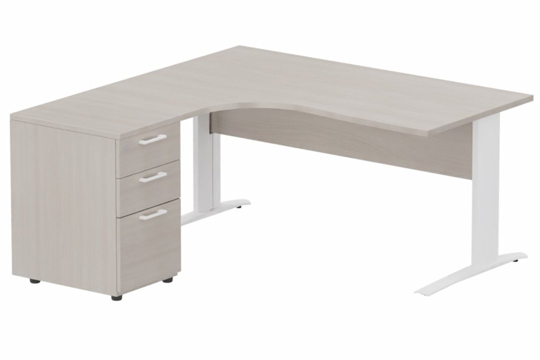 K1 VDF BOIS Compact 90° asymétrique 180x162x80/60cm retour à gauche avec caisson HB bois 3 tiroirs, plateau acacia, structure