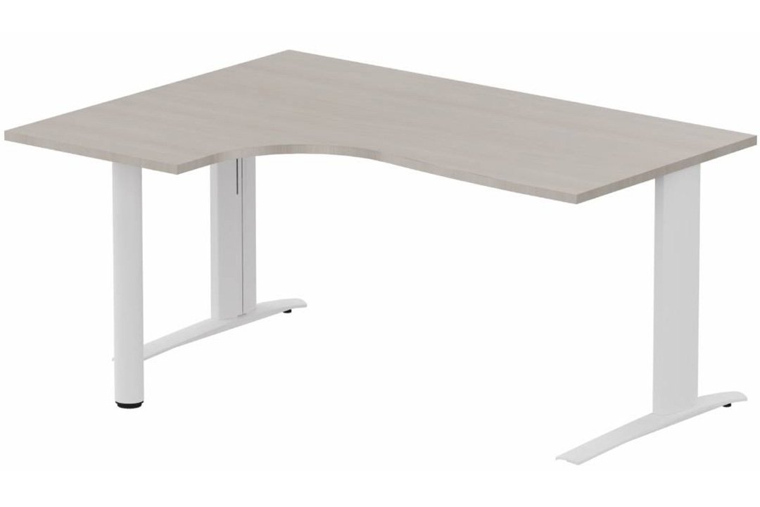 Plan compact 90° asymétrique, structure poutre, 180x120x80/60cm retour à gauche sur pied de soutien, acacia/blanc