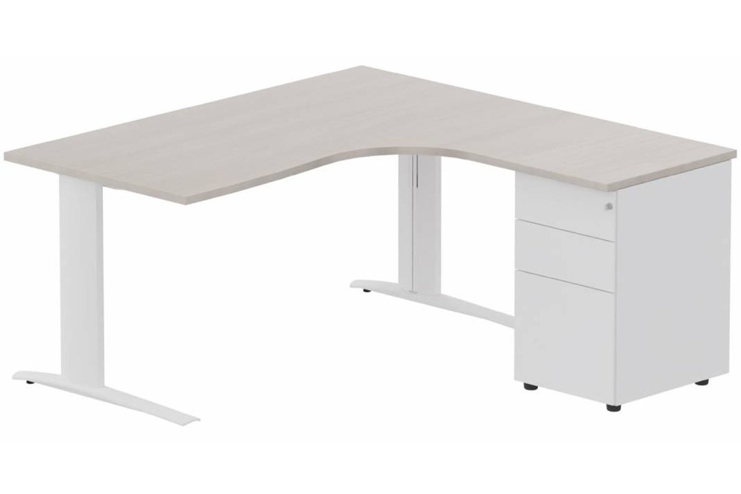 k1 Poutre - Plan compact 90° asymétrique 180x162x80 / 60cm avec caisson HB métal 3 tiroirs - retour à droite -Finitions : PLATEAUX: ACACIA (AK) / PIETEMENTS: BLANC (BL) / CAISSONS METALLIQUES: BLANC (BL)
