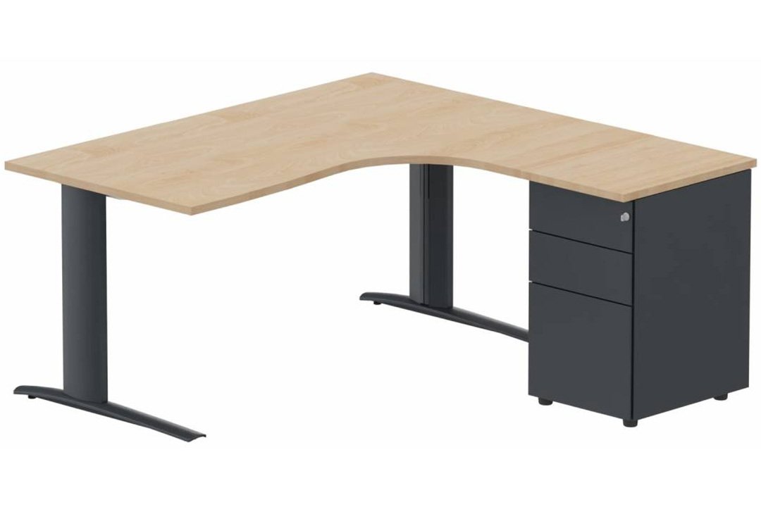 k1 Poutre - Plan compact 90° asymétrique 160x162x80 / 60cm avec caisson HB métal 3 tiroirs - retour à droite -Finitions : PLATEAUX: HETRE (HE) / PIETEMENTS: ANTHRACITE (AN) / CAISSONS METALLIQUES: ANTHRACITE (AN)