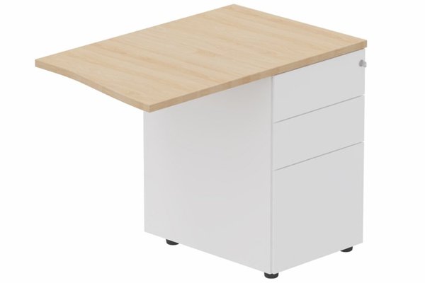 Gamme K2 - Extensions - Plans vagues - Retour vague à droite 90x60cm sur caisson porteur métal 3 tiroirs hêtre/blanc