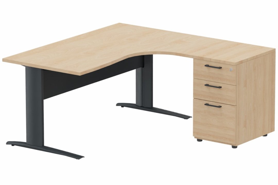 K1 VDF METAL Compact 90° asymétrique 180x162x80/60cm retour à droite avec caisson HB bois 3 tiroirs hêtre/anthracite