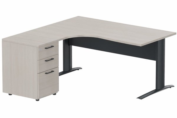 Gamme K1 - Plans compacts - K1 VDF METAL Compact 90° asymétrique 160x162x80/60cm retour à gauche avec caisson HB bois 3 tiroirs, plateau acacia, structur