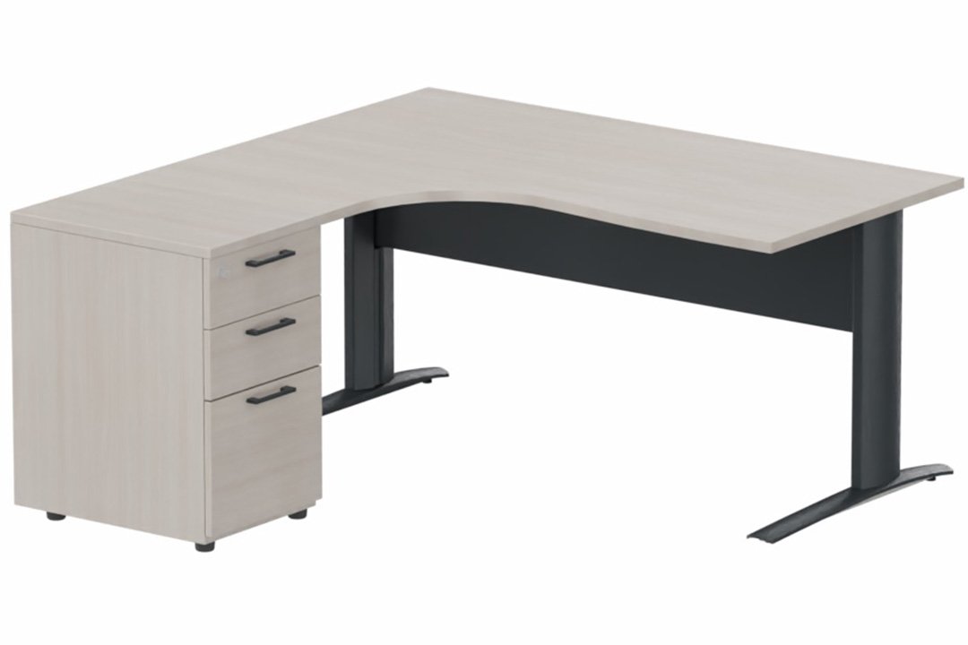 K1 VDF METAL Compact 90° asymétrique 160x162x80/60cm retour à gauche avec caisson HB bois 3 tiroirs, plateau acacia, structur
