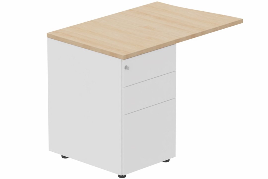 Retour vague à gauche 90x60cm sur caisson porteur métal 3 tiroirs hêtre/blanc