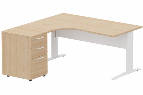 Gamme K1 - Plans compacts - K1 VDF METAL Compact 90° asymétrique 160x162x80/60cm retour à gauche avec caisson HB bois 3 tiroirs hêtre/blanc