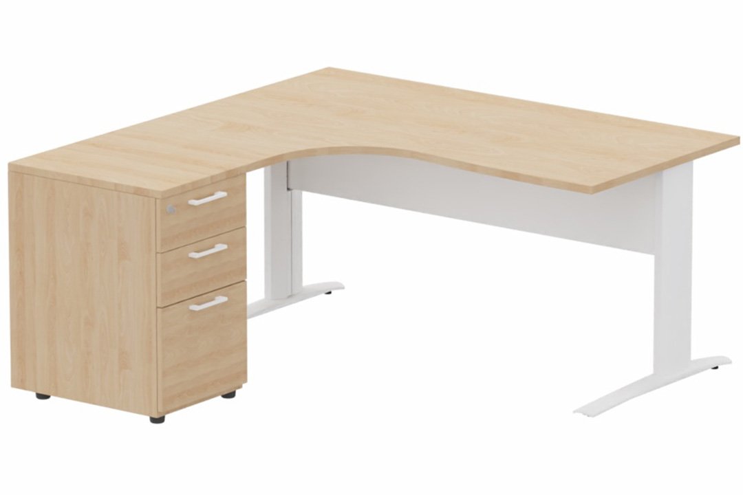 K1 VDF METAL Compact 90° asymétrique 160x162x80/60cm retour à gauche avec caisson HB bois 3 tiroirs hêtre/blanc