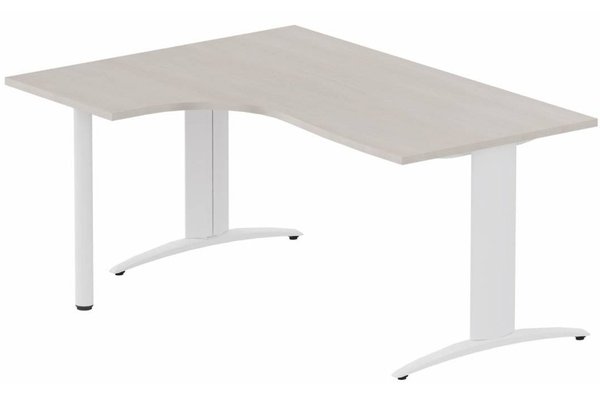 Gamme K2 - Plans compacts - Plan Compact 90° asymétrique 160x120x80/60cm retour à gauche sur pied de soutien, plateau acacia, structure blanc