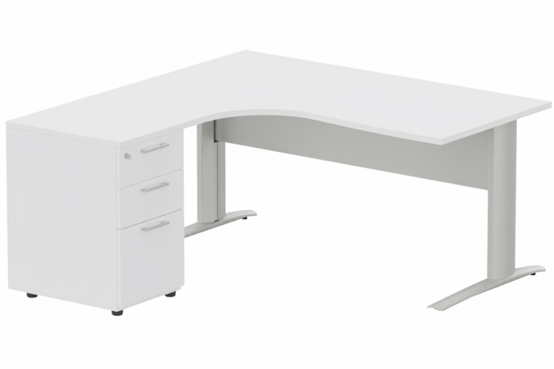 K1 VDF METAL Compact 90° asymétrique 180x162x80/60cm retour à gauche avec caisson HB bois 3 tiroirs blanc/aluminium - sur dé