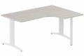 Plan Compact 90° asymétrique 180x120x80/60cm retour à droite sur pied de soutien, plateau acacia, structure blanc