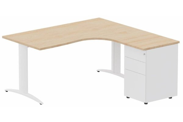 Gamme K2 - Plans compacts - P¨lan Compact 90° asymétrique 160x162x80/60cm retour à droite avec caisson HB métal 3 tiroirs hêtre/blanc