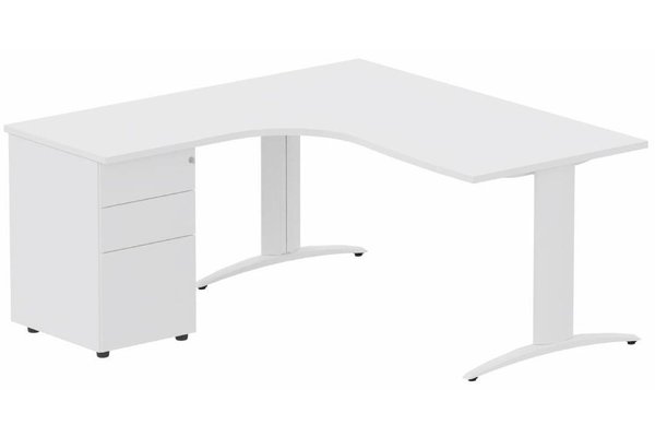Gamme K2 - Plans compacts - Plan Compact 90° asymétrique 180x162x80/60cm retour à gauche avec caisson HB métal 3 tiroirs blanc/blanc - sur délai