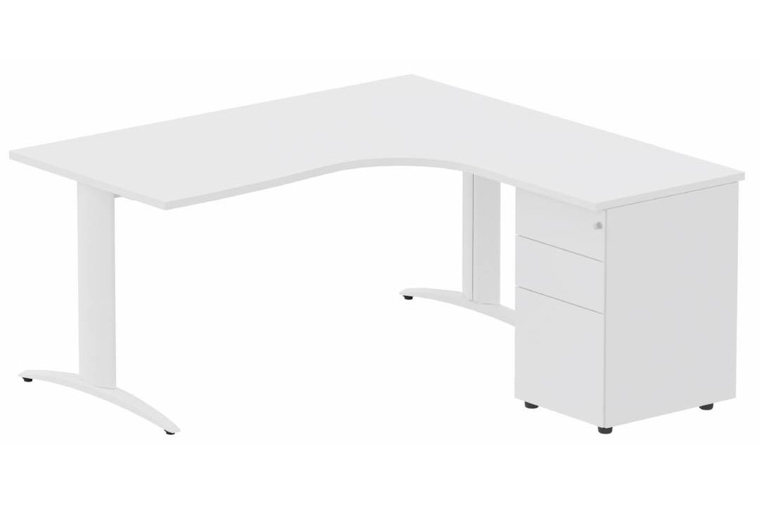 Plan Compact 90° asymétrique 180x162x80/60cm retour à droite avec caisson HB métal 3 tiroirs blanc/blanc - sur délai