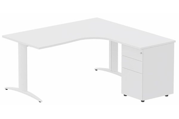 Gamme K2 - Plans compacts - Plan Compact 90° asymétrique 180x162x80/60cm retour à droite avec caisson HB métal 3 tiroirs blanc/blanc - sur délai