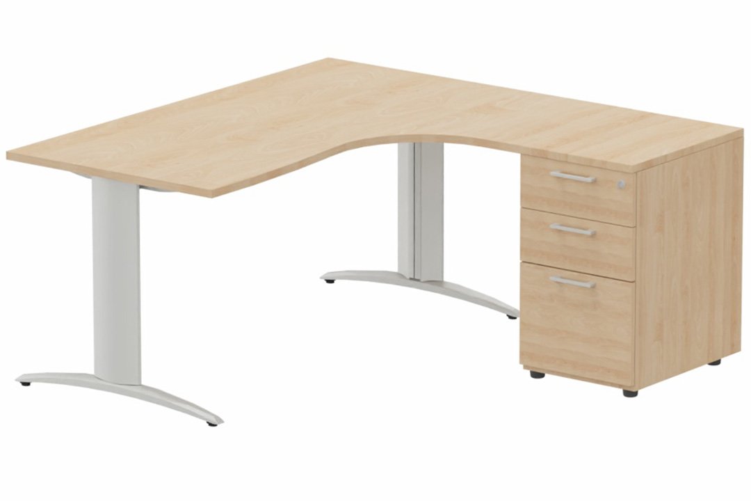 Plan Compact 90° asymétrique 160x162x80/60cm retour à droite avec caisson HB bois 3 tiroirs hêtre/aluminium
