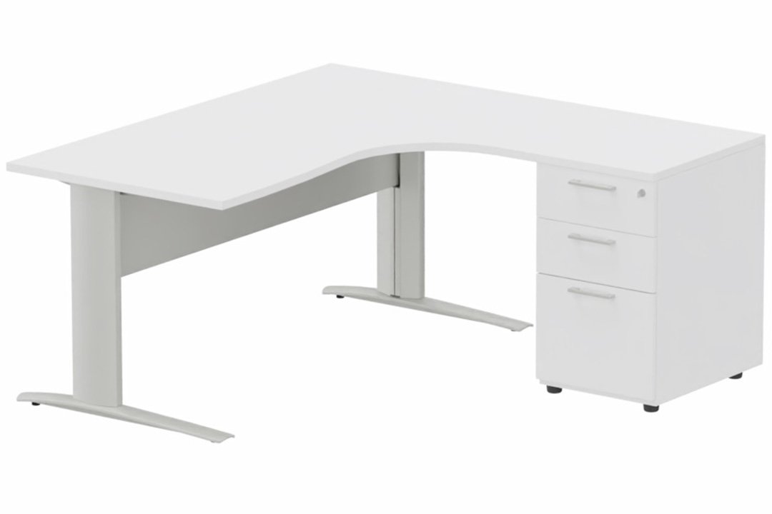 K1 VDF METAL Compact 90° asymétrique 180x162x80/60cm retour à droite avec caisson HB bois 3 tiroirs blanc/aluminium - sur dé