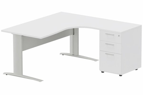 Gamme K1 - Plans compacts - K1 VDF METAL Compact 90° asymétrique 180x162x80/60cm retour à droite avec caisson HB bois 3 tiroirs blanc/aluminium - sur dé