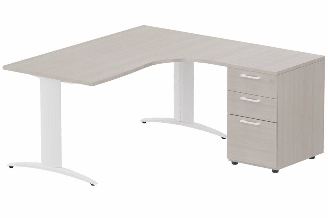 Plan Compact 90° asymétrique 160x162x80/60cm retour à droite avec caisson HB bois 3 tiroirs, plateau acacia, structure blanc