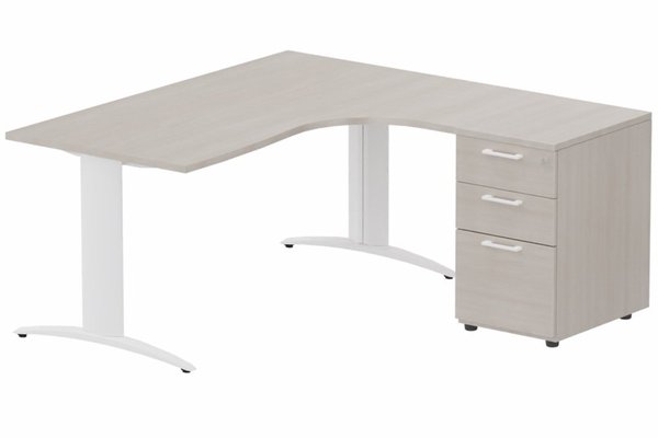 Gamme K2 - Plans compacts - Plan Compact 90° asymétrique 180x162x80/60cm retour à droite avec caisson HB bois 3 tiroirs, plateau acacia, structure blanc