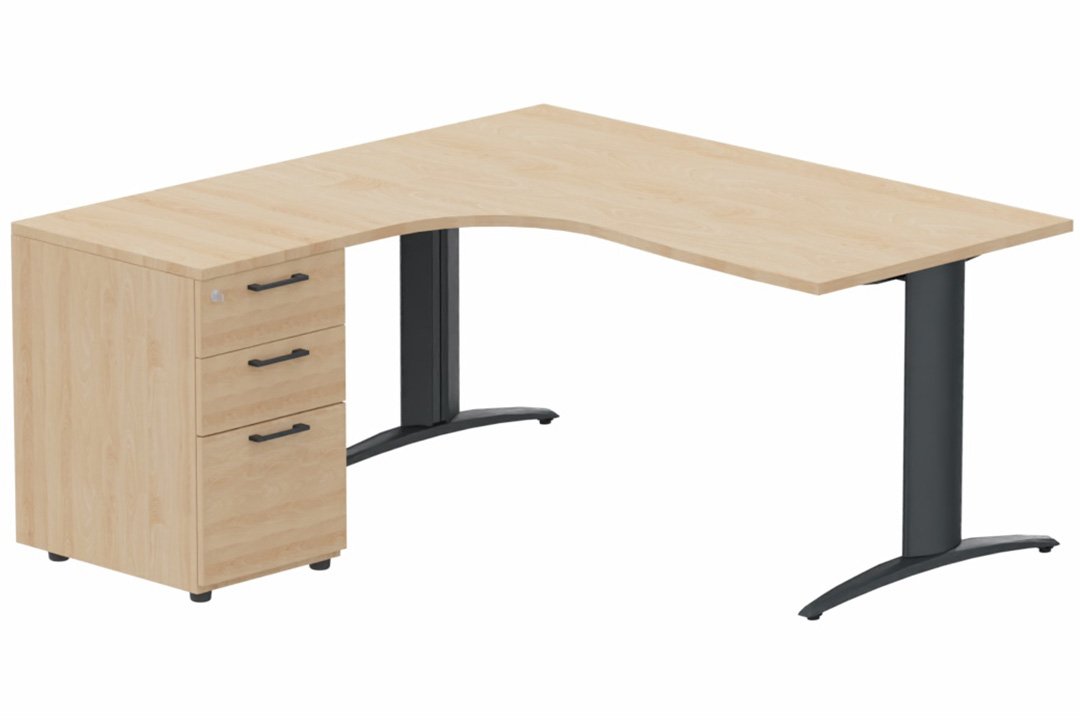 Plan Compact 90° asymétrique 160x162x80/60cm retour à gauche avec caisson HB bois 3 tiroirs hêtre/anthracite