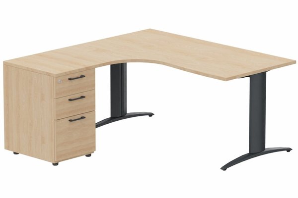 Gamme K2 - Plans compacts - Plan Compact 90° asymétrique 160x162x80/60cm retour à gauche avec caisson HB bois 3 tiroirs hêtre/anthracite