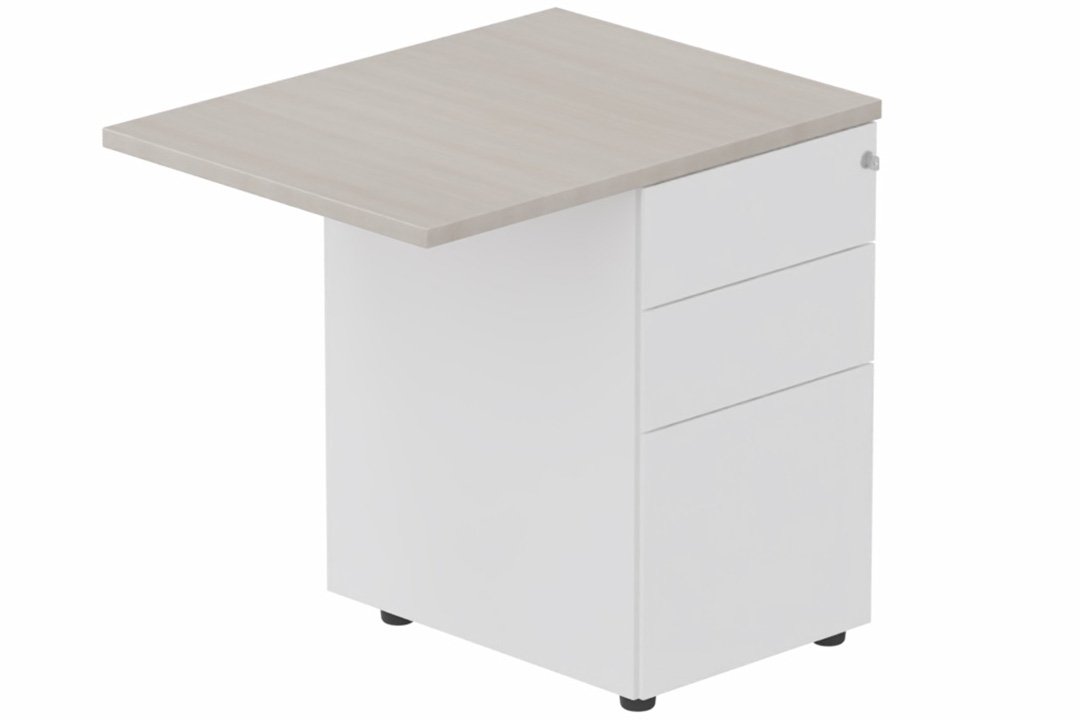 Extension retour direct sur caisson HB métal 100 x 60 cm, 3 tiroirs, plateau acacia, structure blanc
