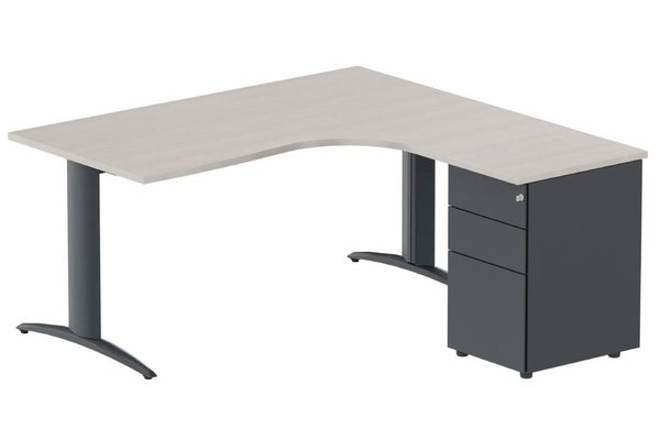 Gamme K2 - Plans compacts - Plan Compact 90° asymétrique 160x162x80/60cm retour à droite avec caisson HB métal 3 tiroirs, acacia/anthra