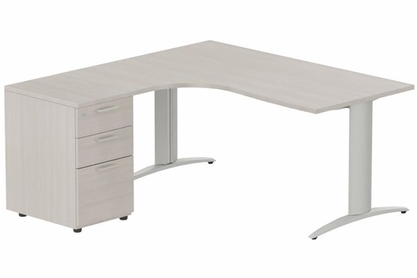 Gamme K2 - Plans compacts - Plan Compact 90° asymétrique 160x162x80/60cm retour à gauche avec caisson HB bois 3 tiroirs, acacia/aluminiu