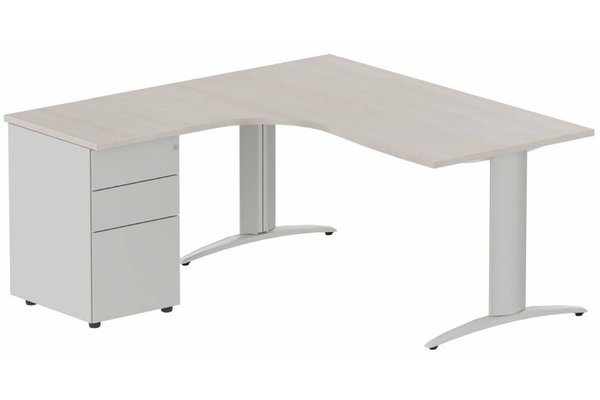 Gamme K2 - Plans compacts - Plan Compact 90° asymétrique 180x162x80/60cm retour à gauche avec caisson HB métal 3 tiroirs, acacia/alumin
