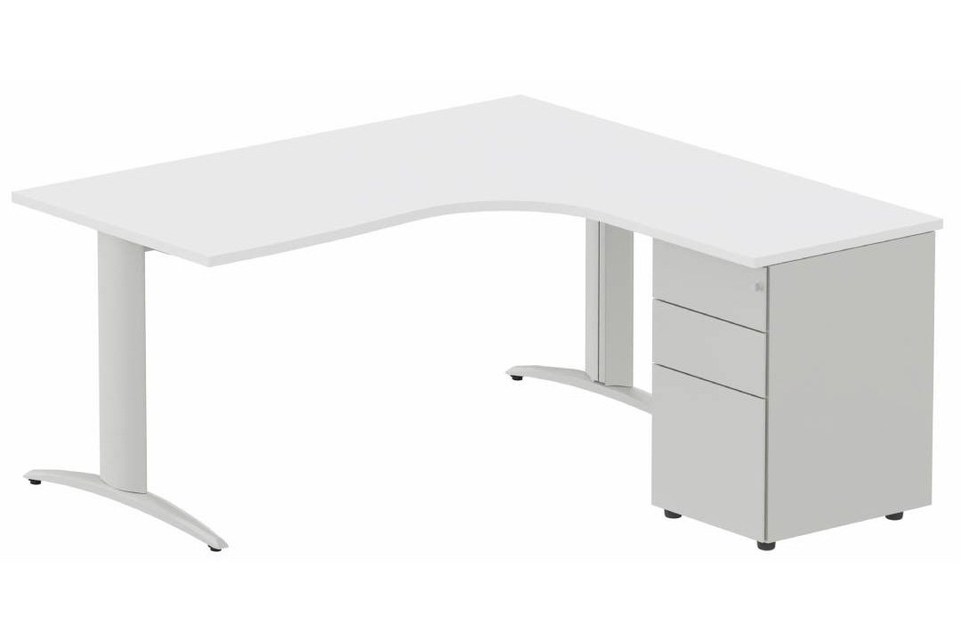 Plan Compact 90° asymétrique 160x162x80/60cm retour à droite avec caisson HB métal 3 tiroirs blanc/aluminium - sur délai