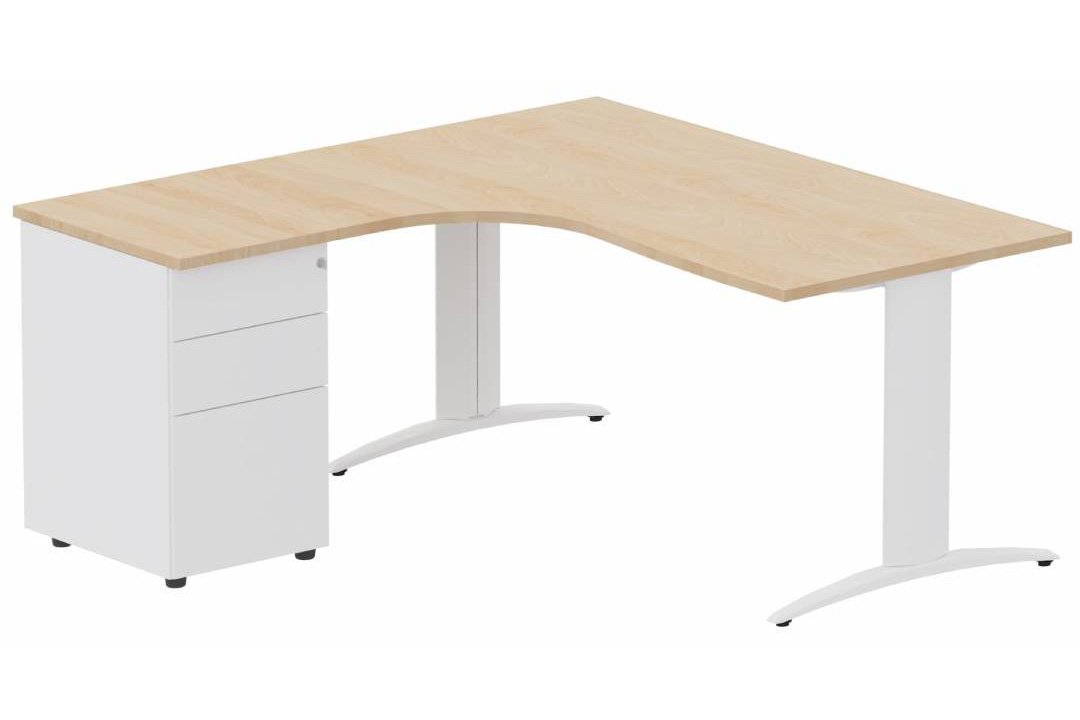 Plan Compact 90° asymétrique 160x162x80/60cm retour à gauche avec caisson HB métal 3 tiroirs hêtre/blanc