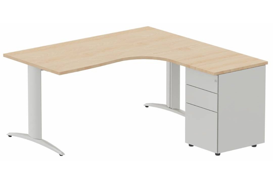 Plan Compact 90° asymétrique 160x162x80/60cm retour à droite avec caisson HB métal 3 tiroirs hêtre/aluminium