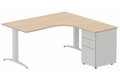 Plan Compact 90° asymétrique 180x162x80/60cm retour à droite avec caisson HB métal 3 tiroirs hêtre/aluminium