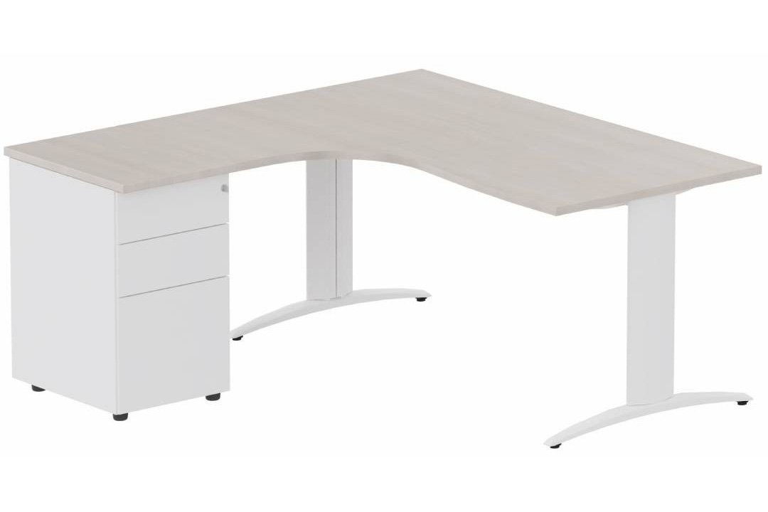 Plan Compact 90° asymétrique 160x162x80/60cm retour à gauche avec caisson HB métal 3 tiroirs, acacia/blanc