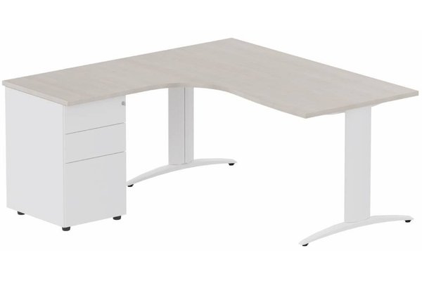 Gamme K2 - Plans compacts - Plan Compact 90° asymétrique 160x162x80/60cm retour à gauche avec caisson HB métal 3 tiroirs, acacia/blanc