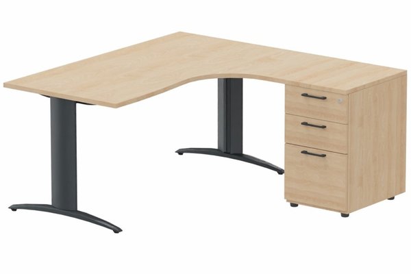 Gamme K2 - Plans compacts - Plan Compact 90° asymétrique 160x162x80/60cm retour à droite avec caisson HB bois 3 tiroirs hêtre/anthracite