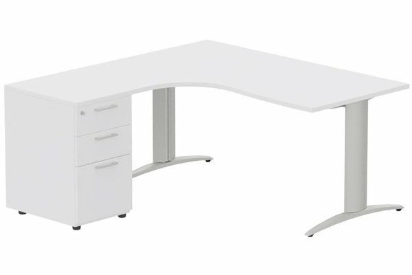 Gamme K2 - Plans compacts - Plan Compact 90° asymétrique 180x162x80/60cm retour à gauche avec caisson HB bois 3 tiroirs blanc/aluminium - sur délai