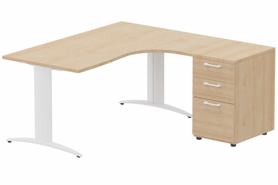 Plan Compact 90° asymétrique 160x162x80/60cm retour à droite avec caisson HB bois 3 tiroirs hêtre/blanc