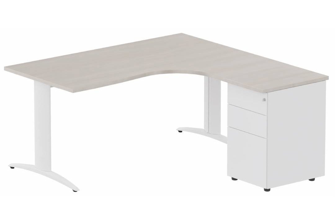 Plan Compact 90° asymétrique 160x162x80/60cm retour à droite avec caisson HB métal 3 tiroirs, acacia/blanc